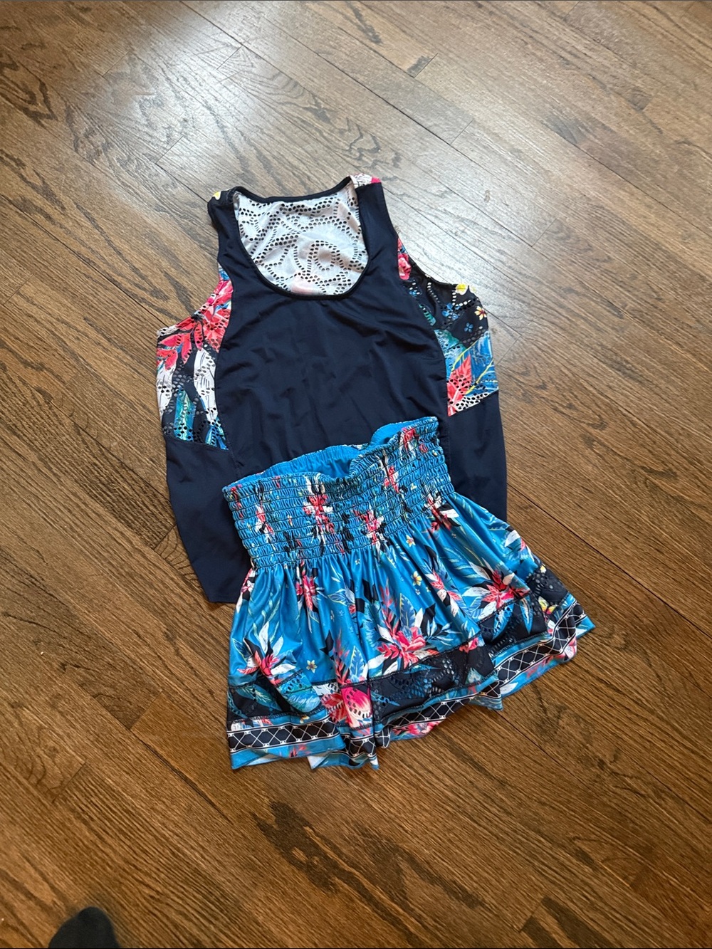Lucky in Love Navy Tank with Blue Floral Skirted Shorts-